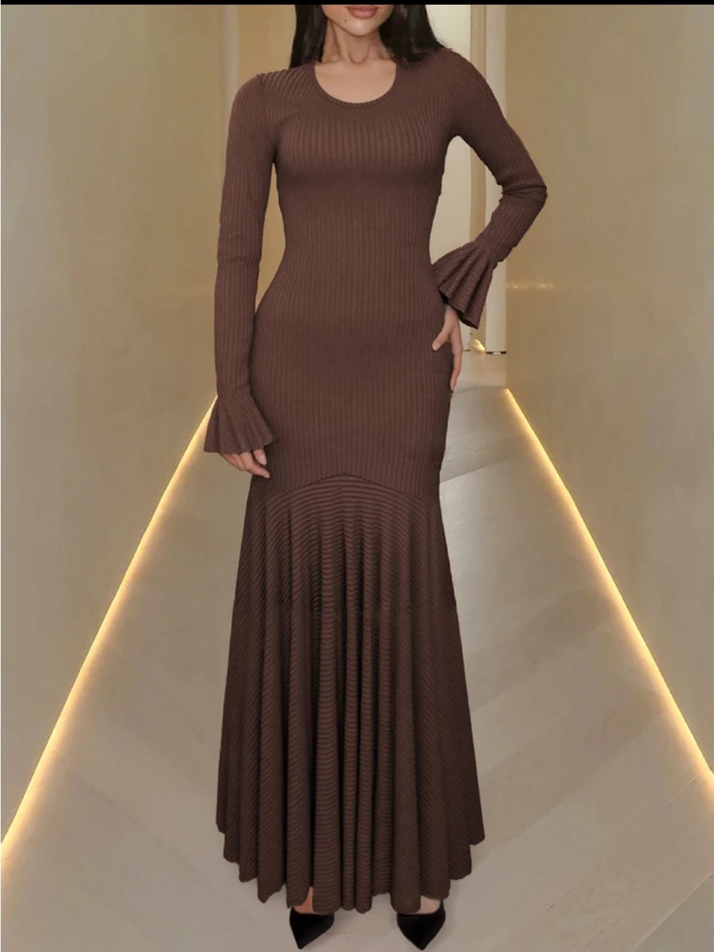 Black Ribbed Knit Maxi Dress long Sleeve Flare Cuffs Mermaid Fit